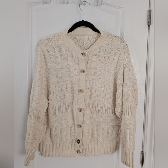 Vintage cotton blend Textured Cream beige Button-Down boho Cardigan large - Picture 7 of 7